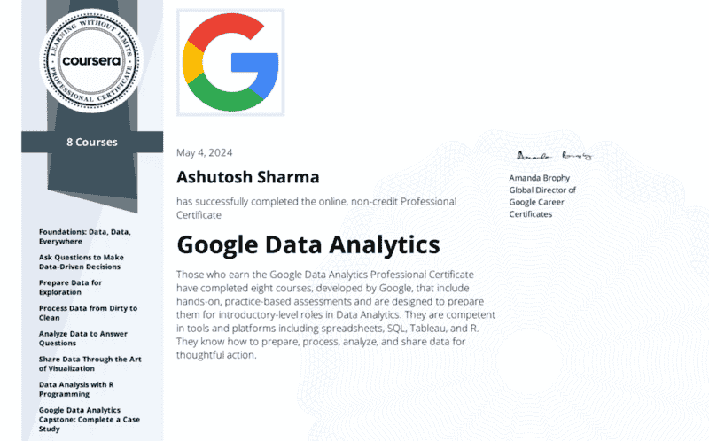 Google Data Analytics Professional Certificate awarded to DevBehindYou