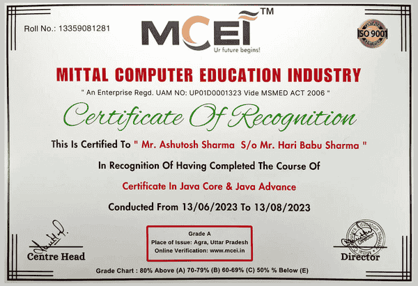 Core and Advanced Java Certificate earned by DevBehindYou