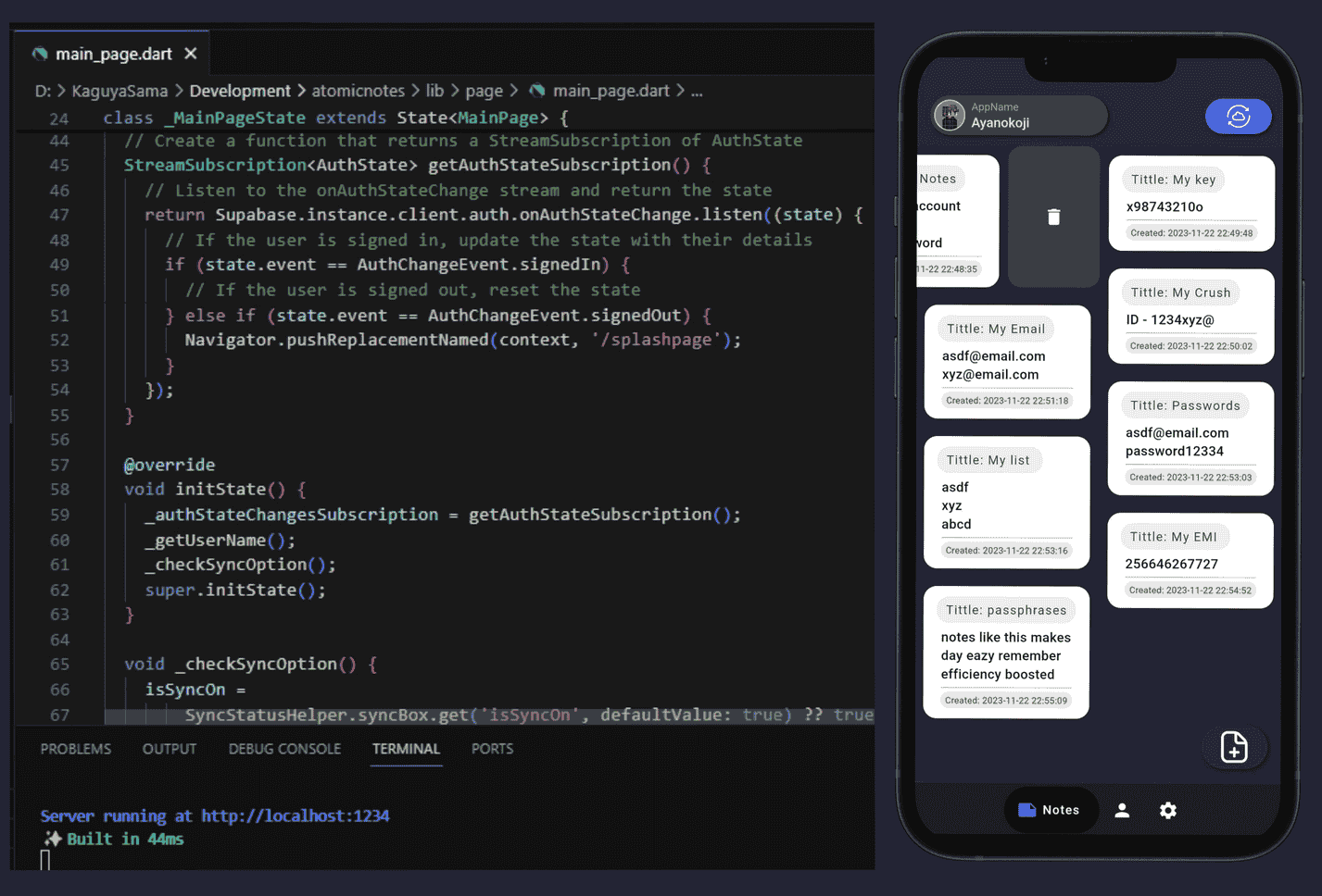Atomic Notes Flutter app by DevBehindYou with encrypted note-taking and biometric security